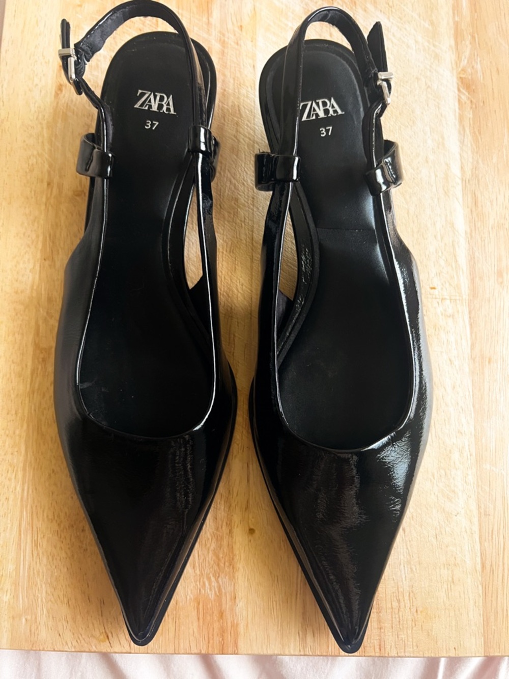 Zara Black Patent Pointed Slingback Mules